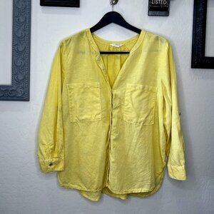 Caslon Linen/Cotton Blend Button Up Yellow Long Sleeve Blouse - Size L